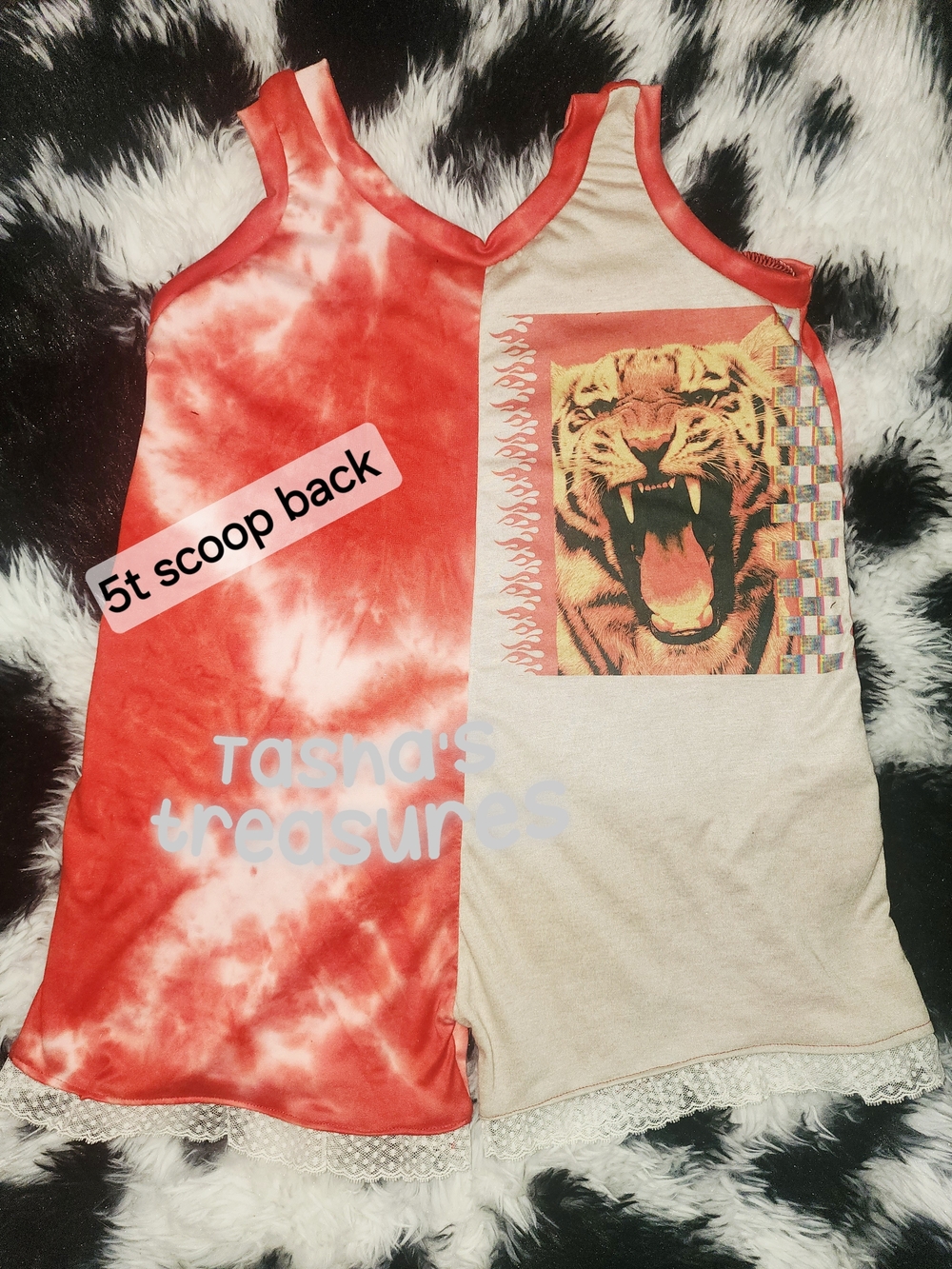 Girls Red Tie-Dye & Cream Tiger Graphic Scoop-Back Tank Top